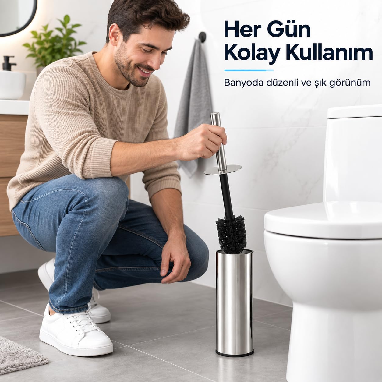 Deinhaus Paslanmaz Çelik Tuvalet Fırçası, Kapaklı WC Fırçası Seti, Gümüş Renk, Modern Banyo ve Tuvalet Aksesuarı, Tuvalet Fırçası