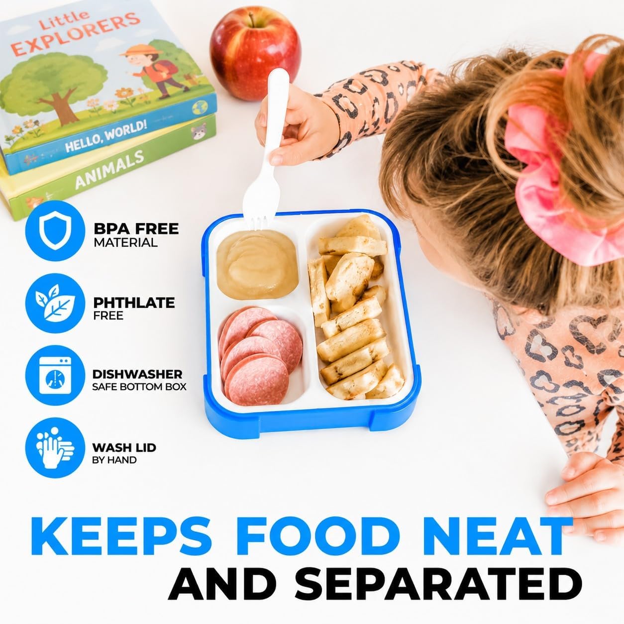 kinsho Bento Boxes for Kids, Lunch Box Set For Boys Girls Toddlers, Leak Proof 3 Compartment Meal or Snack Containers Perfect for School Travel Work, BPA Free. Blue Orange 2 Pack Medium - Small image 5