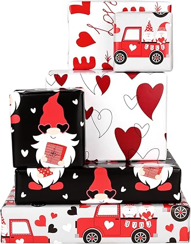 Miniatura 9 de Bolsome 12 hojas de papel de regalo para el día de San Valentín, corazón rojo, camión, gnomo, papel de regalo para boda, aniversario, despedida de