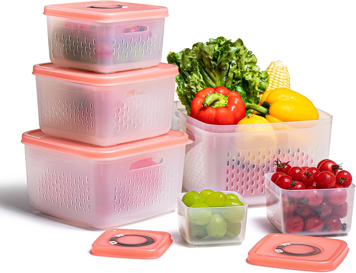 16 recipientes de almacenamiento de frutas para refrigerador, sin BPA, apilables, herméticos, con colador extraíble, tapa, almacenamiento de alimentos de plástico plegable para mantener las