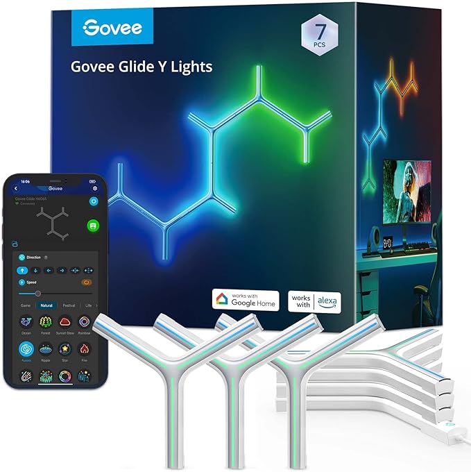 Govee Glide Y RGBIC LED Wall Lights, Smart Wi-Fi Gaming Lights with Music Sync, DIY and Timer Feature, LED Lights for Gaming Room, Wall Light 7 Pack