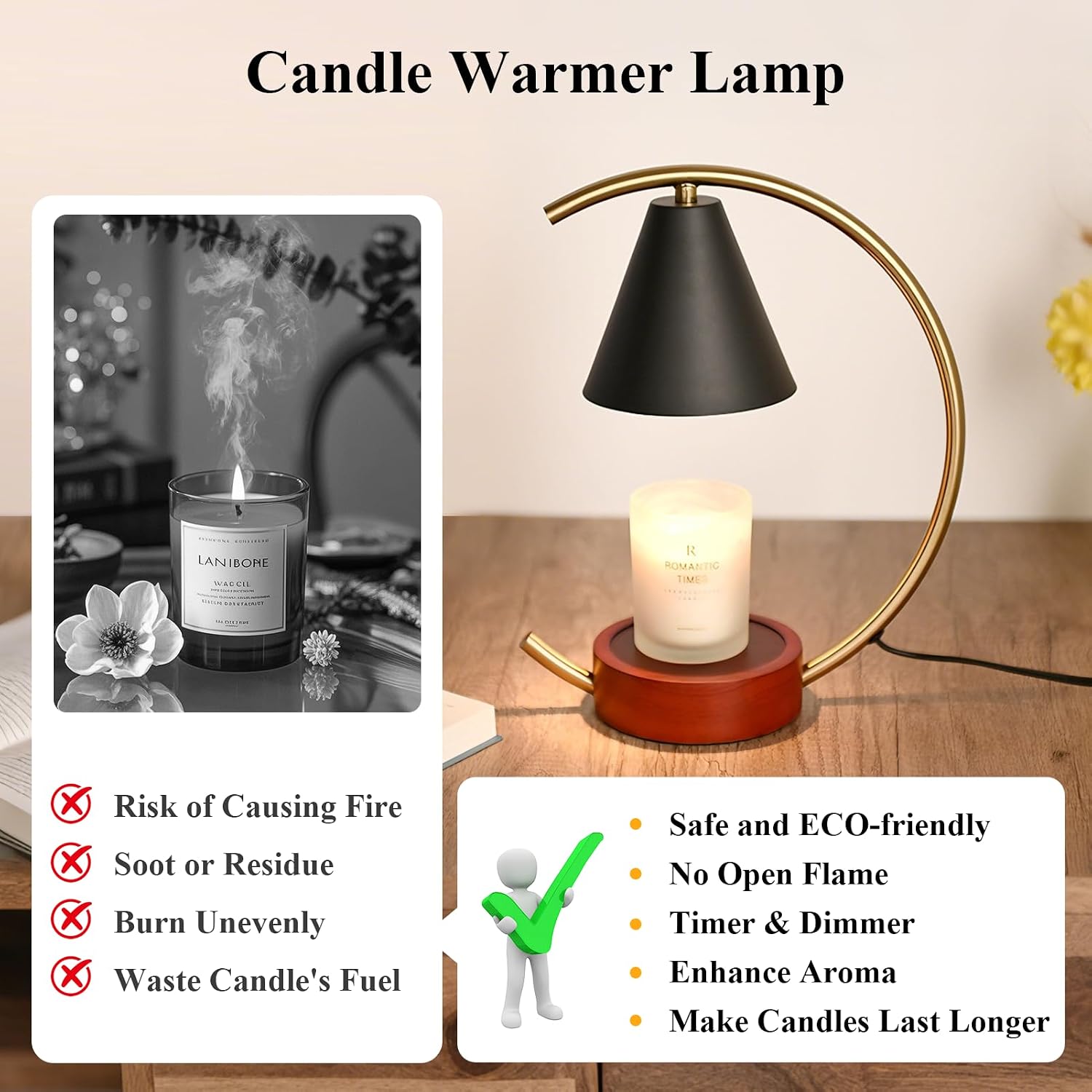 Candle Warmer Lamp with Timer Dimmable Adjustable Black Modern with 2 Bulbs | Electric Wax Melt Warmer for Jar Candles, Candle Light Warmer Birthday House Warming Gifts for Women Mom Bedroom Home Decor