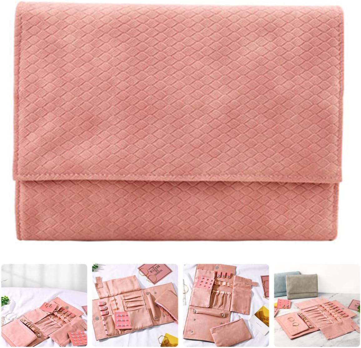 Holibanna Multifunction Travel Jewelry Organizer Roll Bag with Soft and Neat Line Design, Foldable Pu and Flocking Material Jewelry Holder for Travel and Journey in Pink