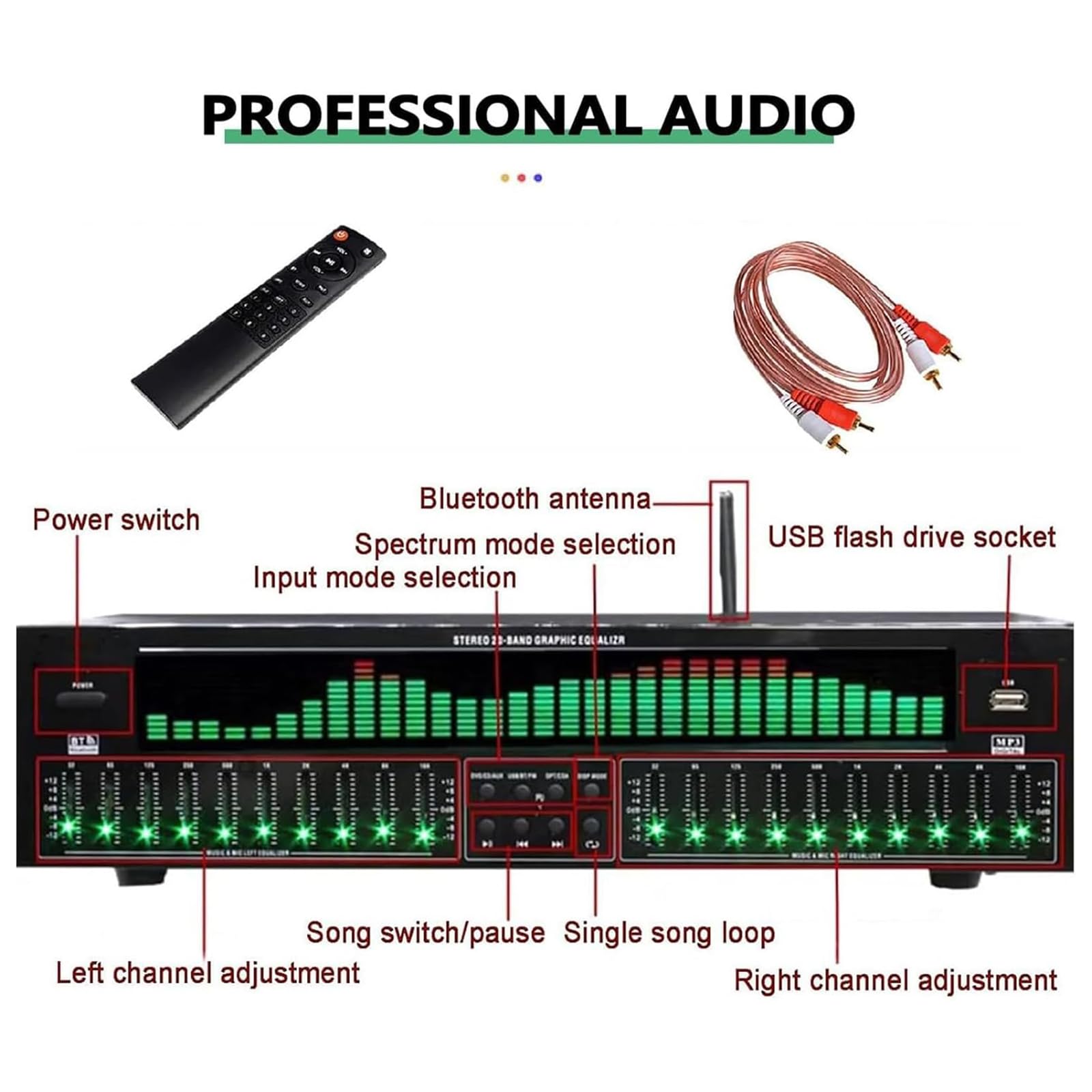 31-pasmowy korektor cyfrowy EQ, profesjonalny korektor korektora z pilotem i kablem audio, 10 zaprogramowanych wyjść efektów, silny zmysł do samochodu, na imprezę