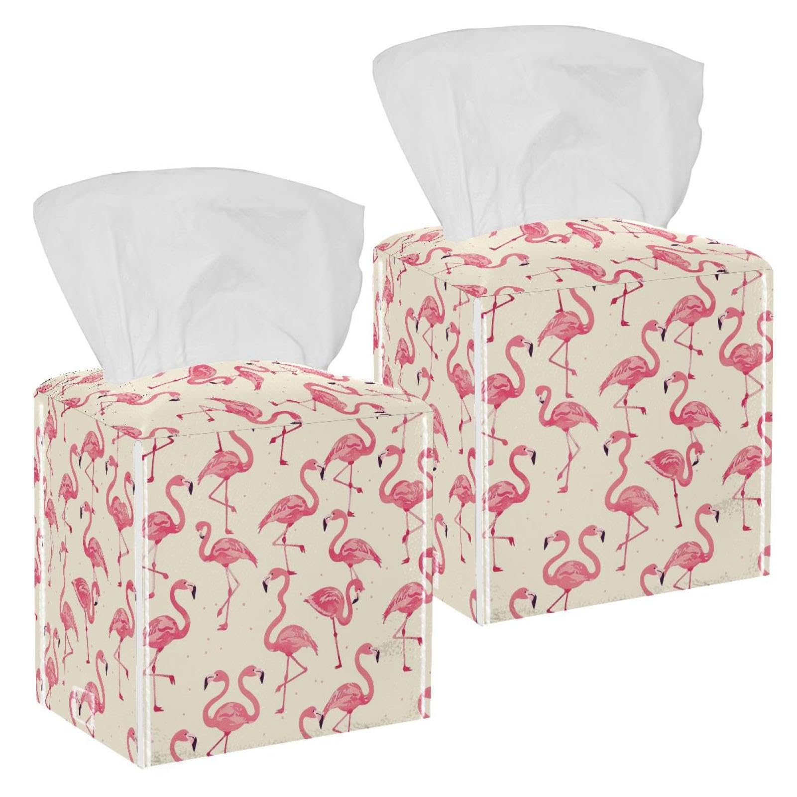 Flamingo Tissue Box Cover, 2 Pack PU Leather Square Facial Tissue Dispenser Box holder for Home Office Car