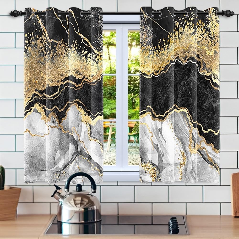 Blackout Curtains Black Grey Gold Marble Window Drapes Fluid Gold Foil Gothic Window Curtains Modern Abstract Art Window Treatments for Youth Living Room Bedroom Kitchen,21x45 inch,2 Panels