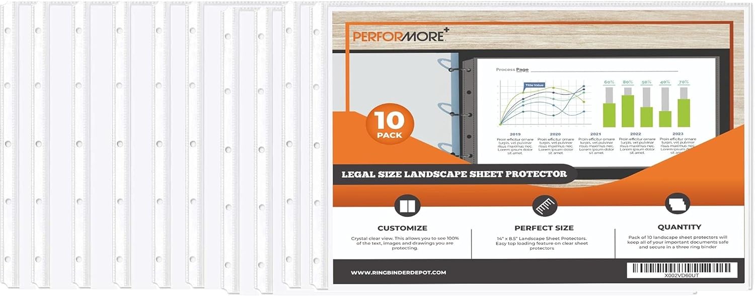 PERFORMORE 10 Pack of 8.5” x 14” Heavyweight Landscape Sheet Protectors, Legal Paper Sleeves, Clear Archival Quality, Horizontal Legal Size Clear Sheet Protectors for Binders Documents : Office Products