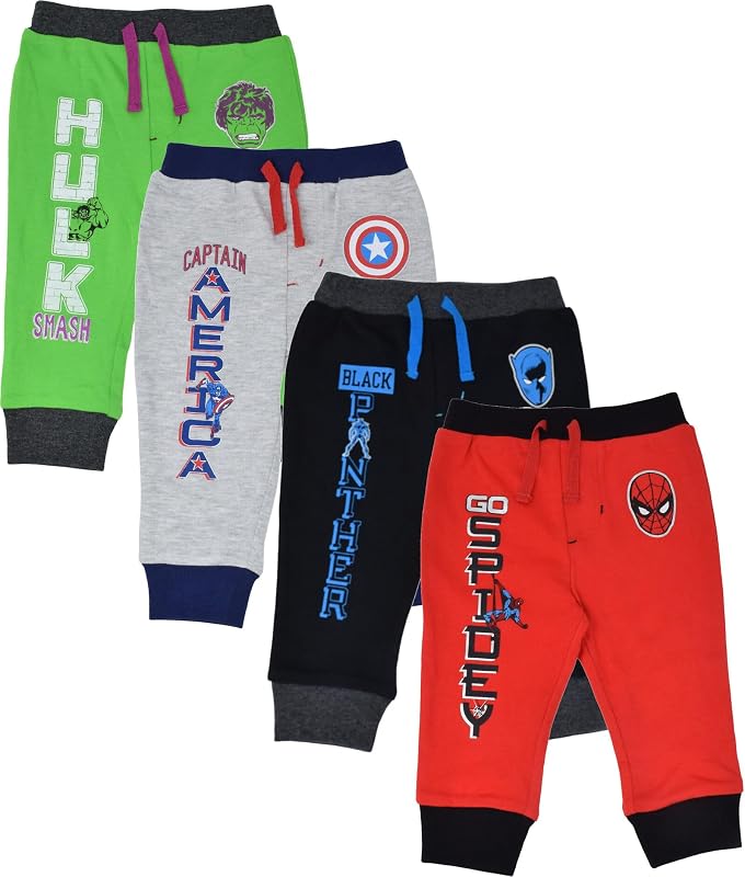Marvel Avengers Paquete de 4 pantalones deportivos deportivos para niños para bebés y niños | Mezcla de algodón suave, cintura elástica, puños acanalados, lavable a máquina.