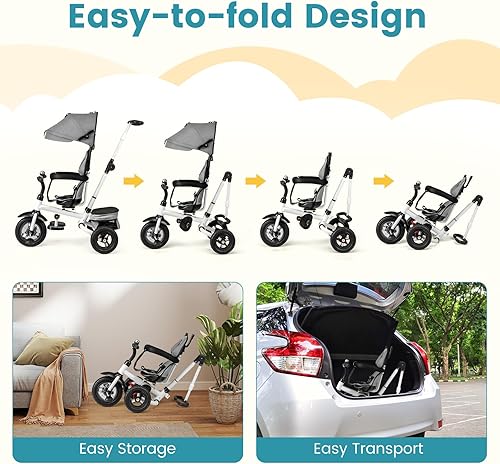 Miniatura 42 de HONEY JOY Triciclo, cochecito de bebé 6 en 1 con asa de empuje ajustable y toldo, cesta de almacenamiento, barandilla desmontable, arnés