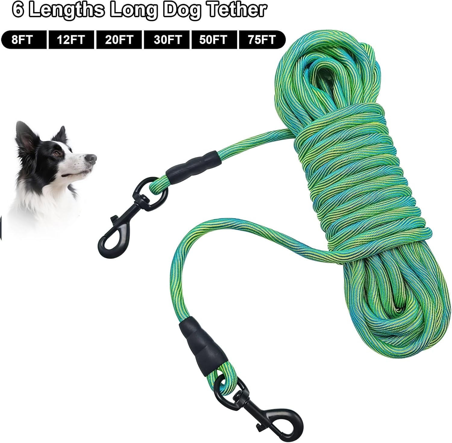 BTINESFUL 8ft 12ft 20ft 30ft 50ft 75ft Dog Tie Out Long Tether Rope Dog Lead, Outdoor Yard Leash, Large Medium Dogs Training, Playing, Camping, Backyard (Green, 50 Foot)