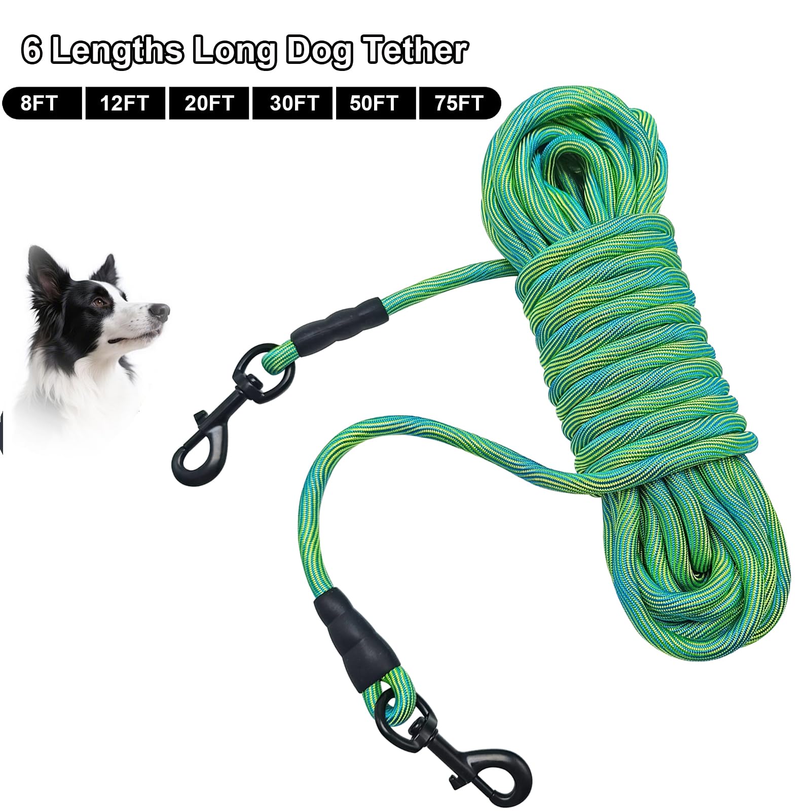 BTINESFUL Correa de cuerda larga para perro de 8 pies, 12 pies, 20 pies, 30 pies, 50 pies y 75 pies, correa de cuerda larga para perro al aire libre, correa de patio para perros grandes, medianos y