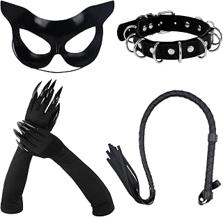 4PCS Halloween Black Cat Costume Accessories Set, Halloween Cat Costume Faux Leather Mask, Belt, Claw Gloves & Costume Whip for Cosplay, Masquerade & Themed Parties