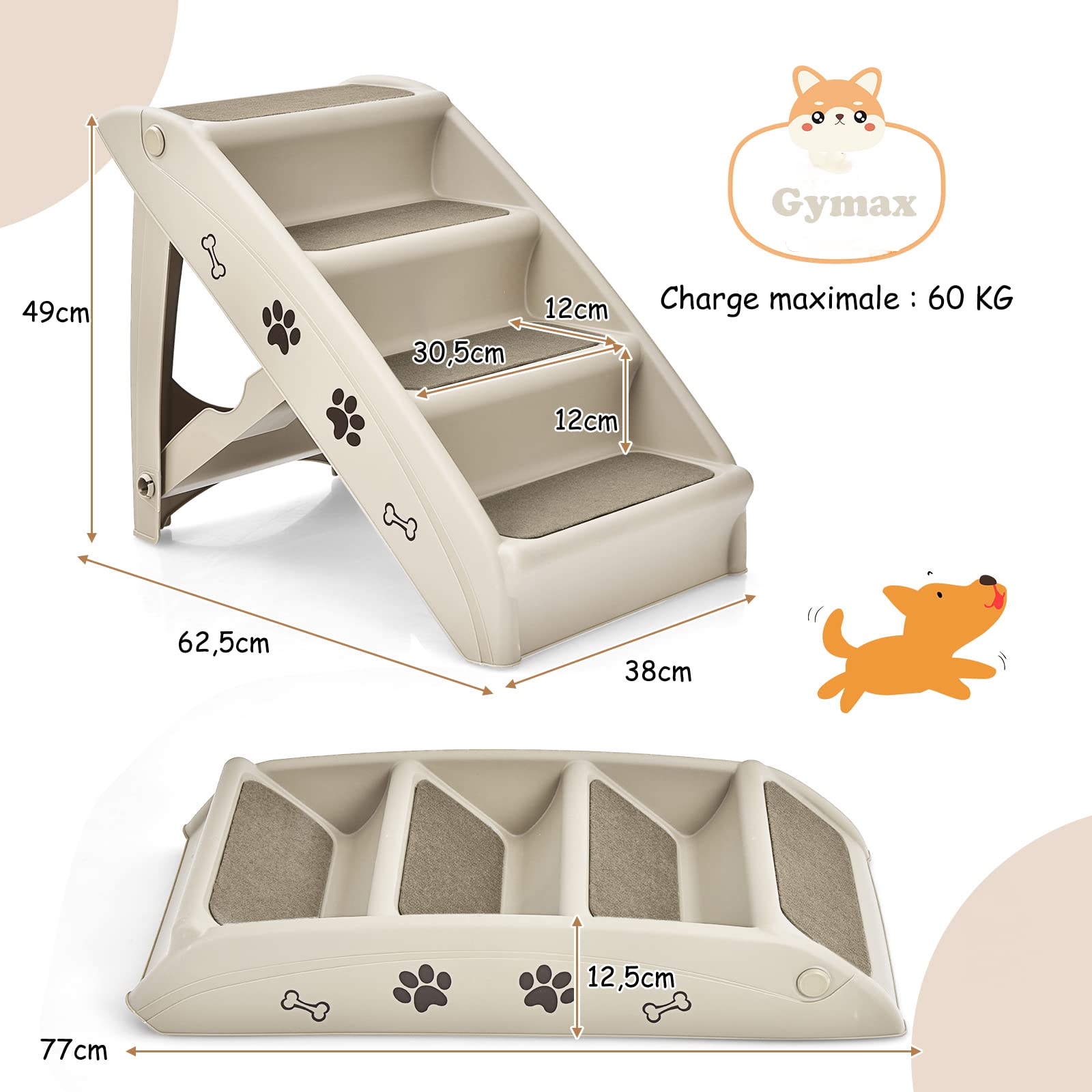 GYMAX Escalier pour Chien en Plastique 4 Marches, Rampe Intérieure et Extérieure avec Coussinets Antidérapants, Charge Max 60KG (Beige)