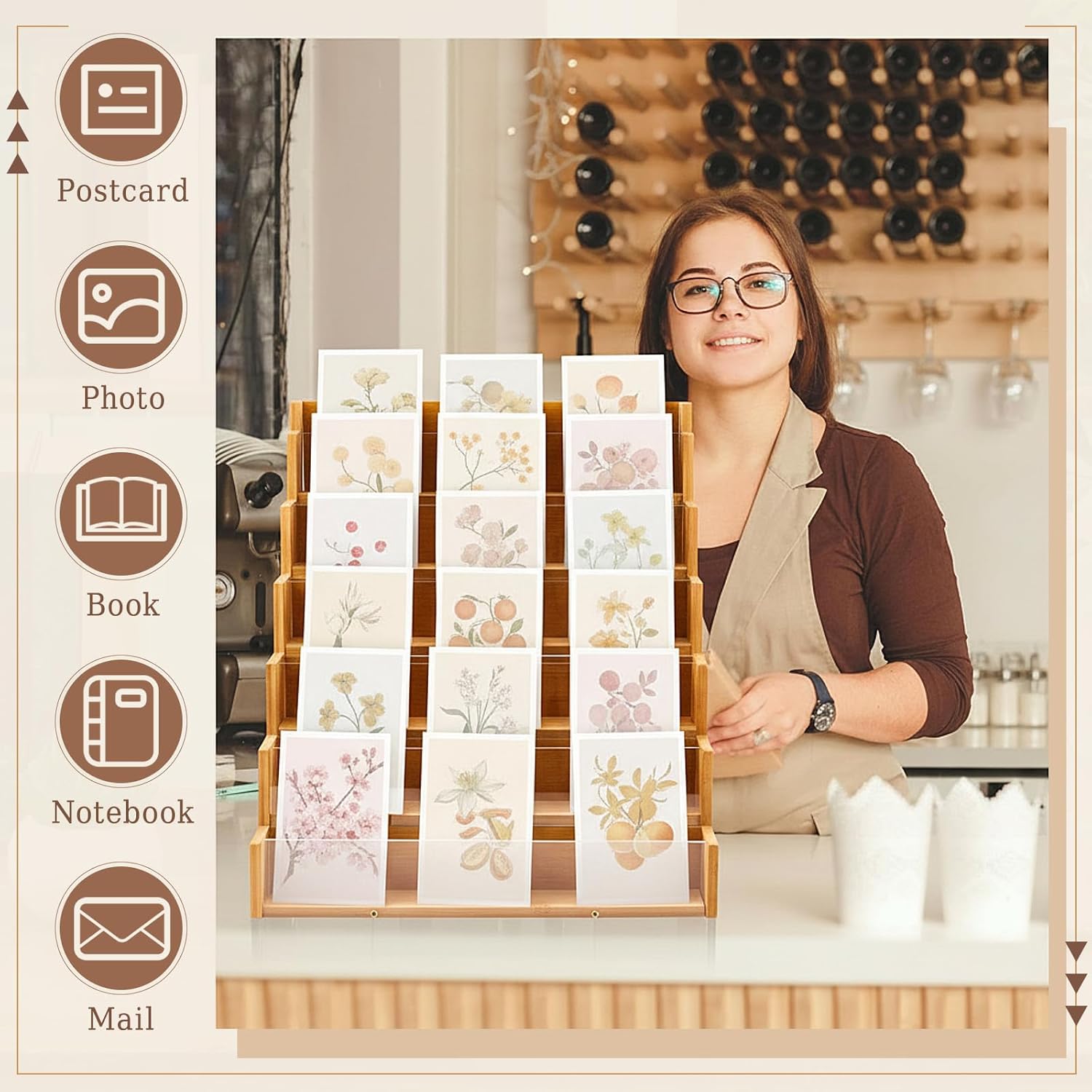 Yuntau 6 Tier Greeting Card Display Stand Wood Color Bamboo and Acrylic Sticker Display Stand Trading Card Holder Retail Photos Shelf for Vendors Craft Collection & Show