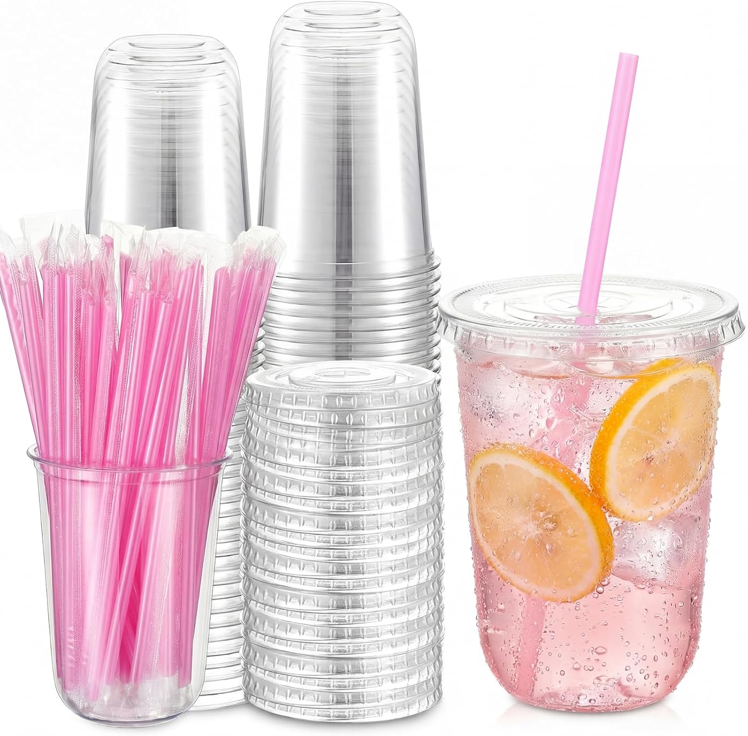 Ziliny 50 Pack 16 oz Clear Plastic Cups with Lids and Straws Disposable Iced Coffee Cups Round Bottom To carry Cup for Coffee Smoothie Cold Drinks Juice Milkshake Tea (Pink)