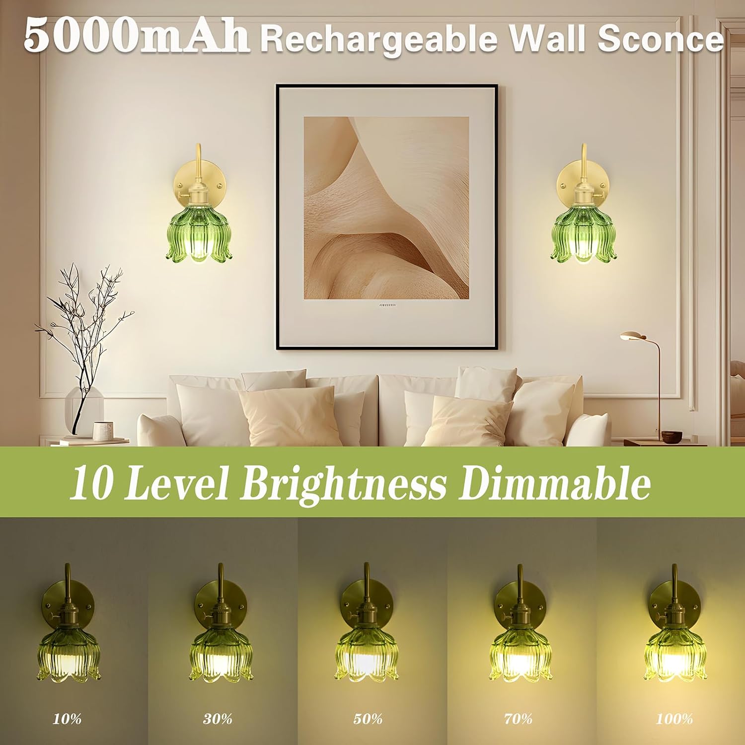 Battery Operated Wall Sconce Set of 2, Vintage Wireless Sconces with Green Tulip Glass Shade, 15 Color Temp, 5000mAh Rechargeable Battery, Remote Control Wall Lights for Bedroom, Living Room