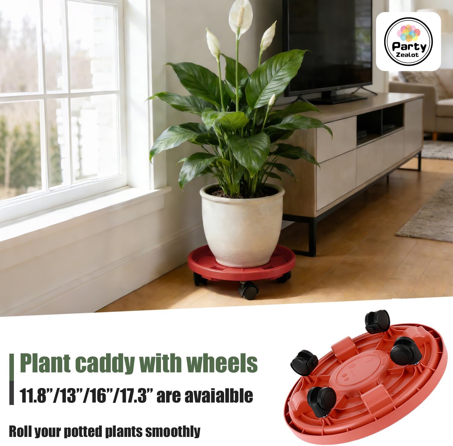 5-pack 13" Large Plant Caddy with Wheels Plastic Plant Dolly with Caster Flower Pot Mover Rollers Wheeled Rolling Plant Stands Round Plant Saucer Indoor Outdoor Base Coasters,Terracotta red