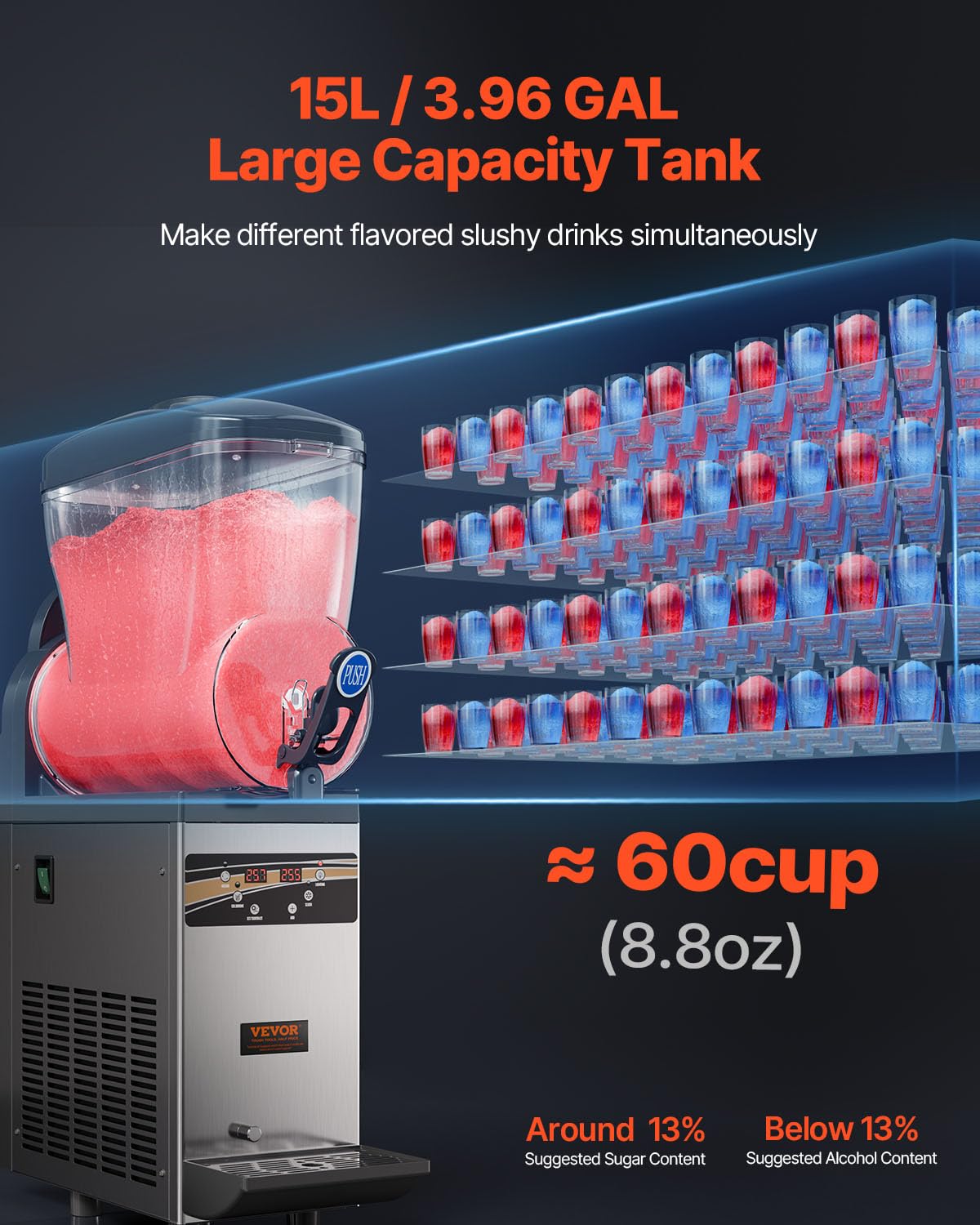 VEVOR - Máquina comercial de margarita, máquina comercial de granizado de un solo tanque de 15 l, 60 tazas de acero inoxidable para batidos de margarita, máquina de bebidas congeladas, máquina de