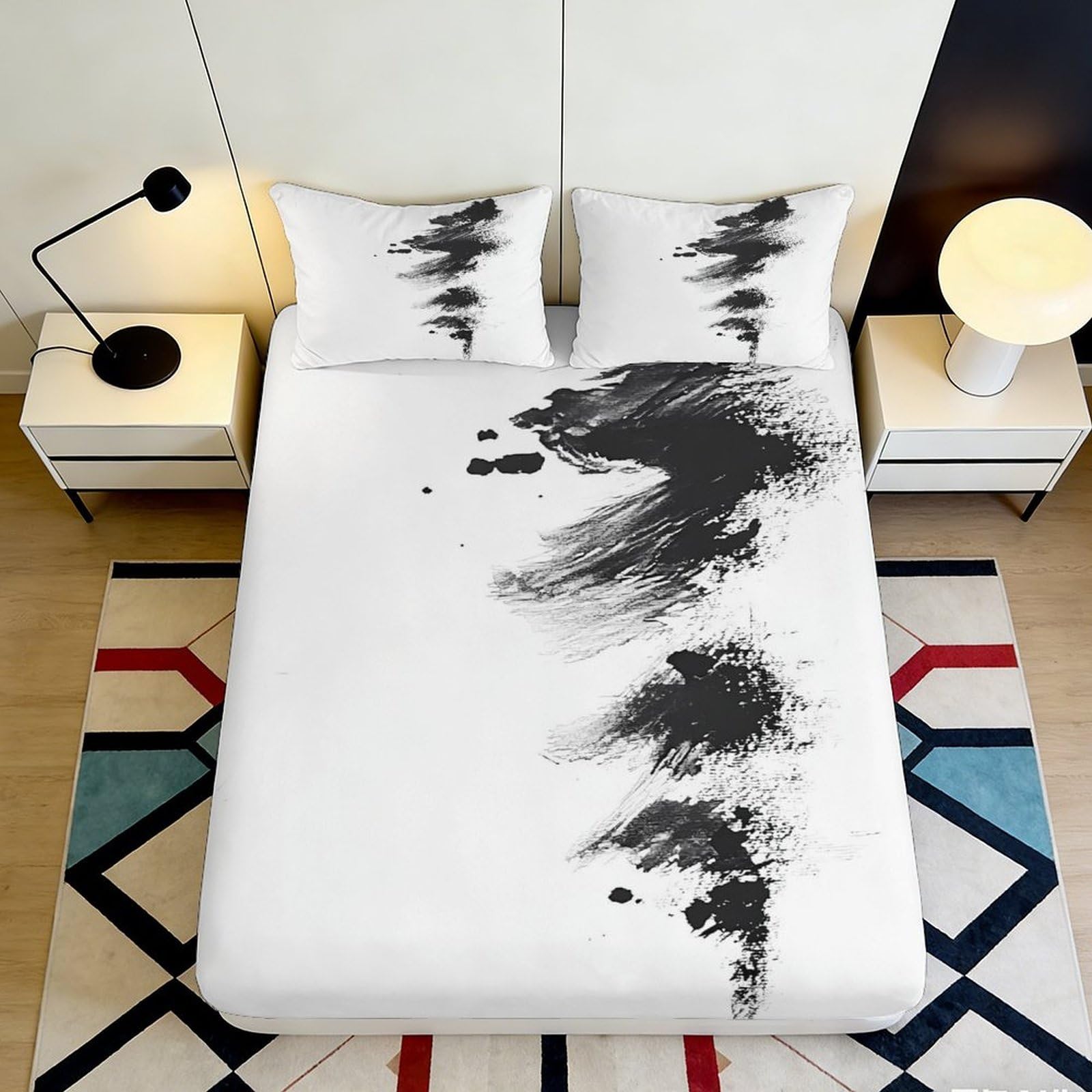3D Printed Abstract Black Brushstroke Fitted Sheet Microfiber Soft Artistic Ink Mattress Cover Bedroom Decor 90x200x25cm