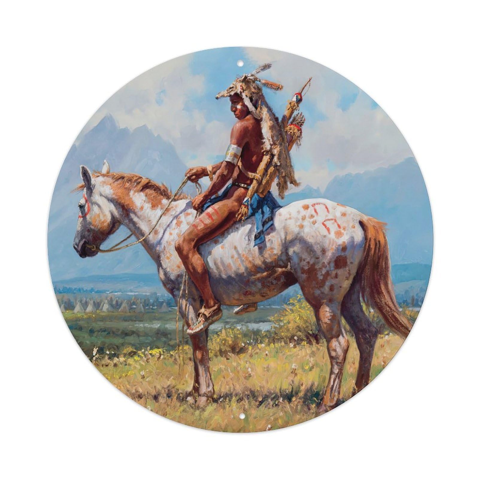 Nature Western Cowboy Retro Native American Culture Chief Spirit Metal Tin Sign Plaque Wall Decor for Cafe, Man Cave, Club Bar, Office, Home Garden Round Metal Poster 8x8Inch