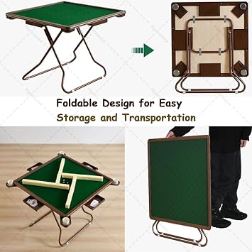 Folding Mahjong Table, 4 Player Card Table with Cup Holders and Chip Grooves, Portable Puzzle Game Table for Board Games, Camping