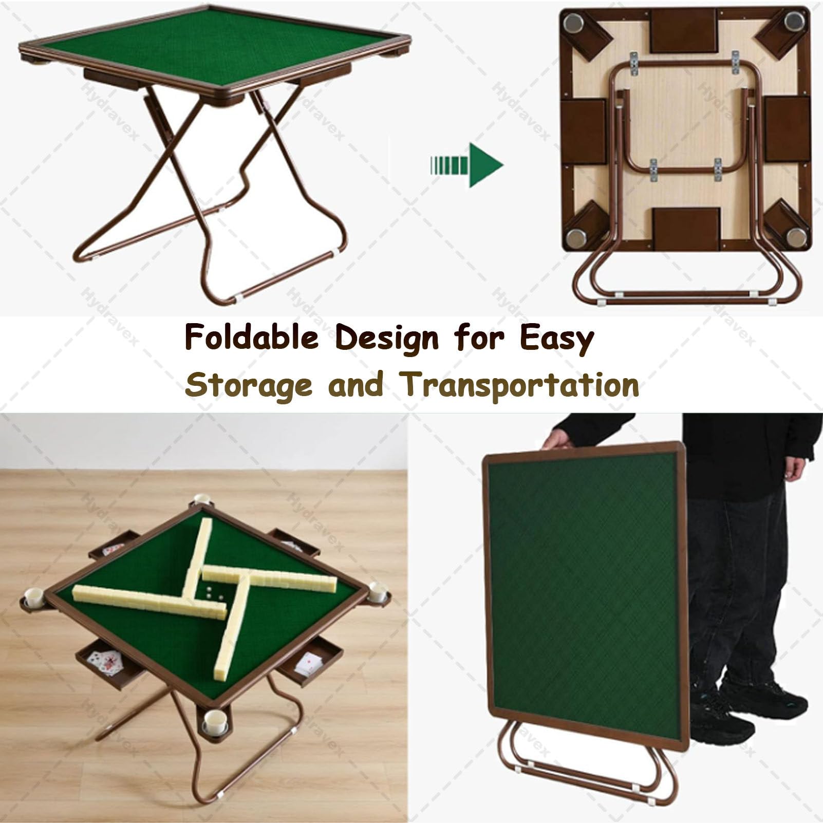 Tavolo da gioco pieghevole, portatile, quadrato, per 4 giocatori, con portabicchieri e scanalature per chip, ideale per giochi da tavolo e campeggio
