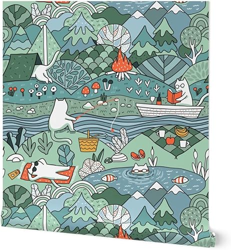 Spoonflower Peel & Stick Wallpaper 9ft x 2ft - Day Lake Restores Nature Animals Cat Summer Picnic Cats Custom Removable Wallpaper