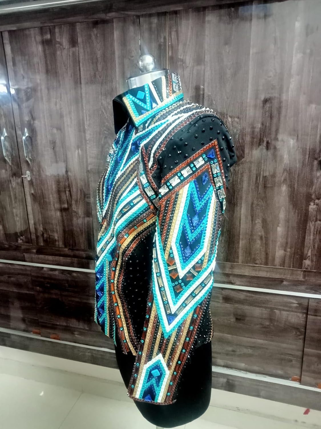 Western Women's black with Gold and blue Showmanship Jackets Stone Embedded Handmade Embroidery Equestrian