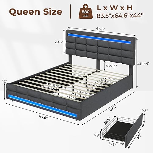 Miniatura 2 de ADORNEVE Marco de Cama LED Queen con 4 Cajones y 2 Estaciones de Carga USB, Marco de Cama con Plataforma Tapizada Tamaño Queen con Luces LED en Gris