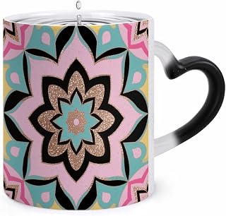 Color Changing Mug, Novelty Coffee Magic Cup, Shiny Symmetry Art | Heat Sensitive Coffee Mug, Heart Shape Handle, Ceramic Tea Cup, Surprise Color Changing Design Mugs for Birthday, Christmas