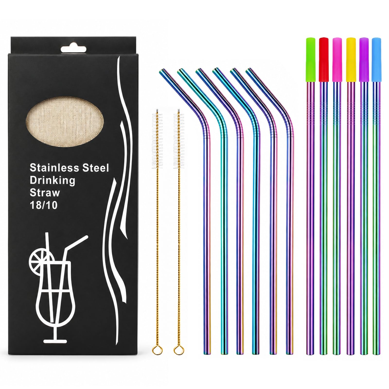 Wosyoodo 12 Pcs Rainbow Metal Straws Set with Brushes