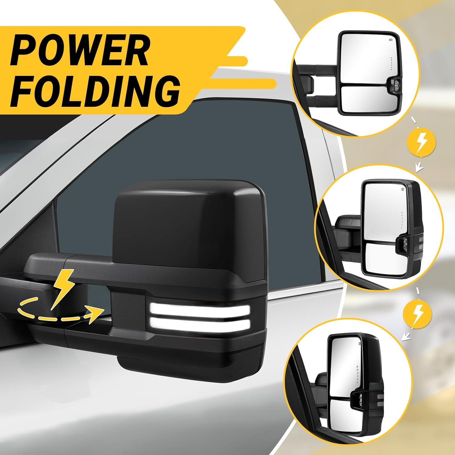 Image showing a truck's side mirror power folding inward, illustrating the power folding feature of the Sanooer towing mirrors.