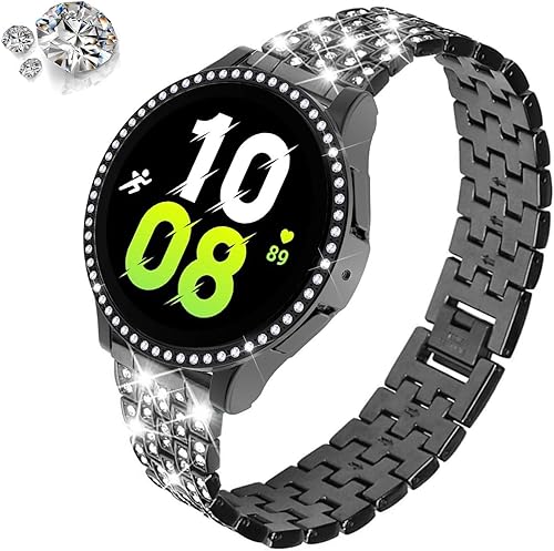 Vista 100 de Correas compatibles con Samsung Galaxy Watch FE / 5/4 de 1.575 pulgadas, correa de metal con diamantes de imitación brillantes de 0.787 pulgadas