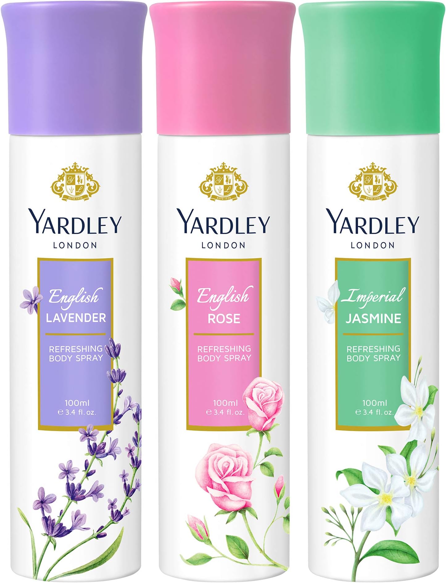 YardleyLondon Body Spray Tripack - English Lavender, English Rose, Imperial Jasmine, 3 X 100ml - Timeless Floral Fragrances for Everyday Luxury