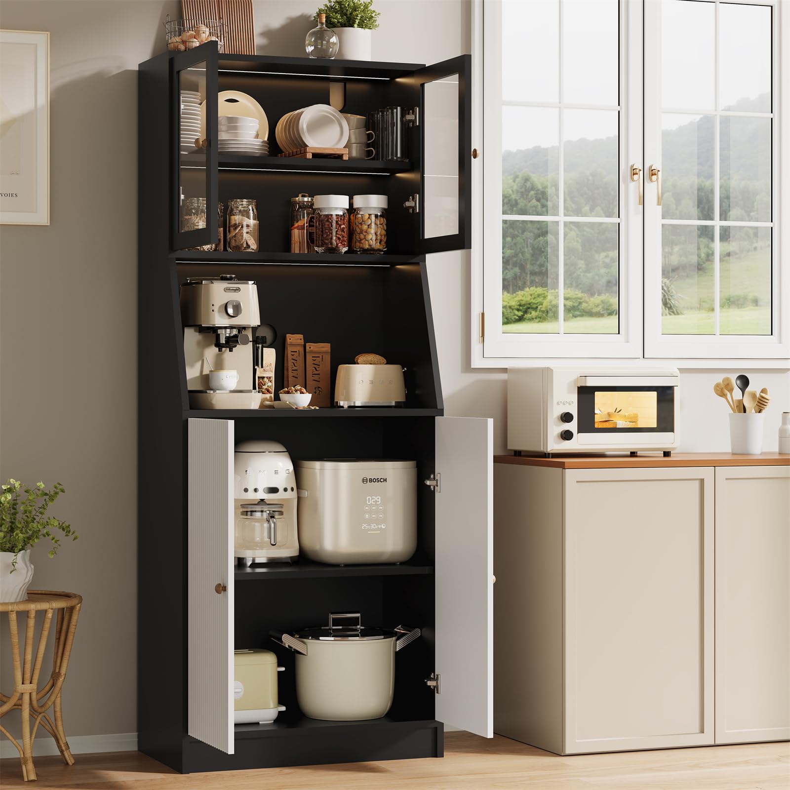 Küchenschrank mit Arbeitsfläche, Buffetschrank mit LED, Mehrzweckschrank, pantryküche, Vorratsschrank mit verstellbaren küchenregal, Küche, Wohnzimmer, Esszimmer, Kabelloch,Schwarz,180x70x40cm