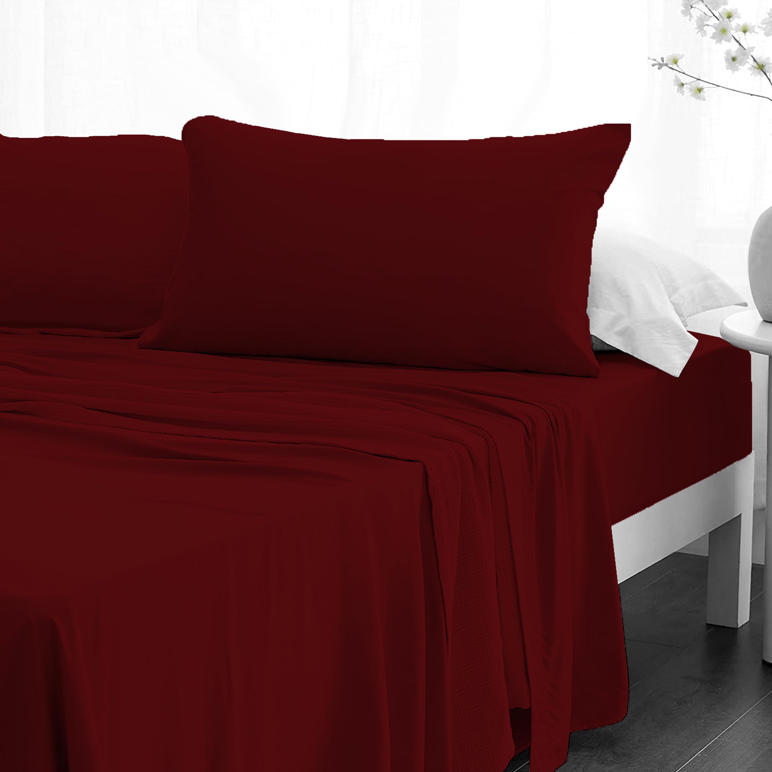 Crescent Textile Sheet Set for Bed 200TC 100% Egyptian Cotton Super Soft Easy Care Fitted Sheet & Flat Sheet with Pillowcases Bedding Set (Burgundy, Double)