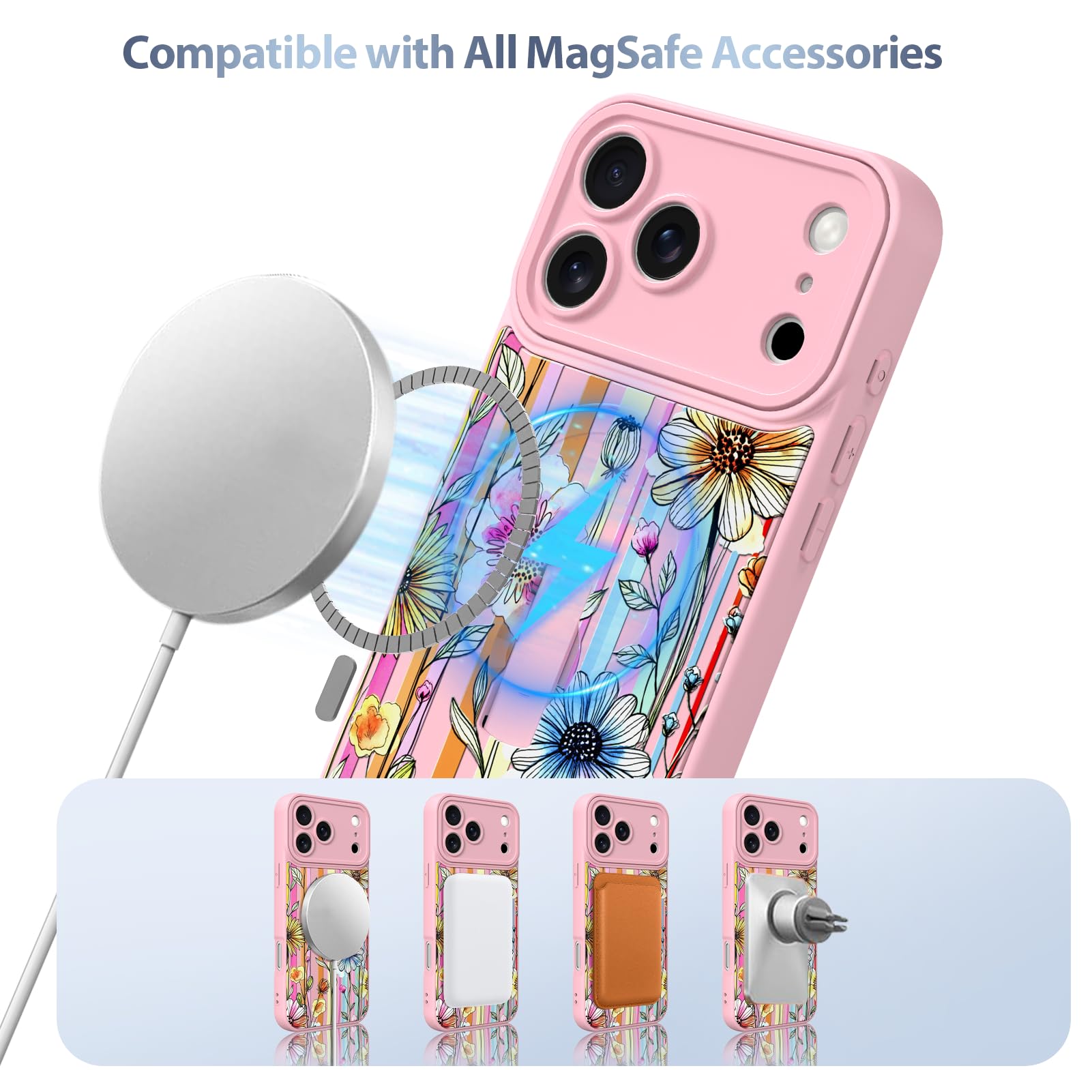 AIGOMARA Custodia magnetica per iPhone 17 Pro - Rosa, motivo floreale a | [Compatibile con MagSafe] Rosa Blu Disegno Fiore Colorato Morbido TPU Hard PC Back Anti-caduta Sottile Cover con Finger Strap