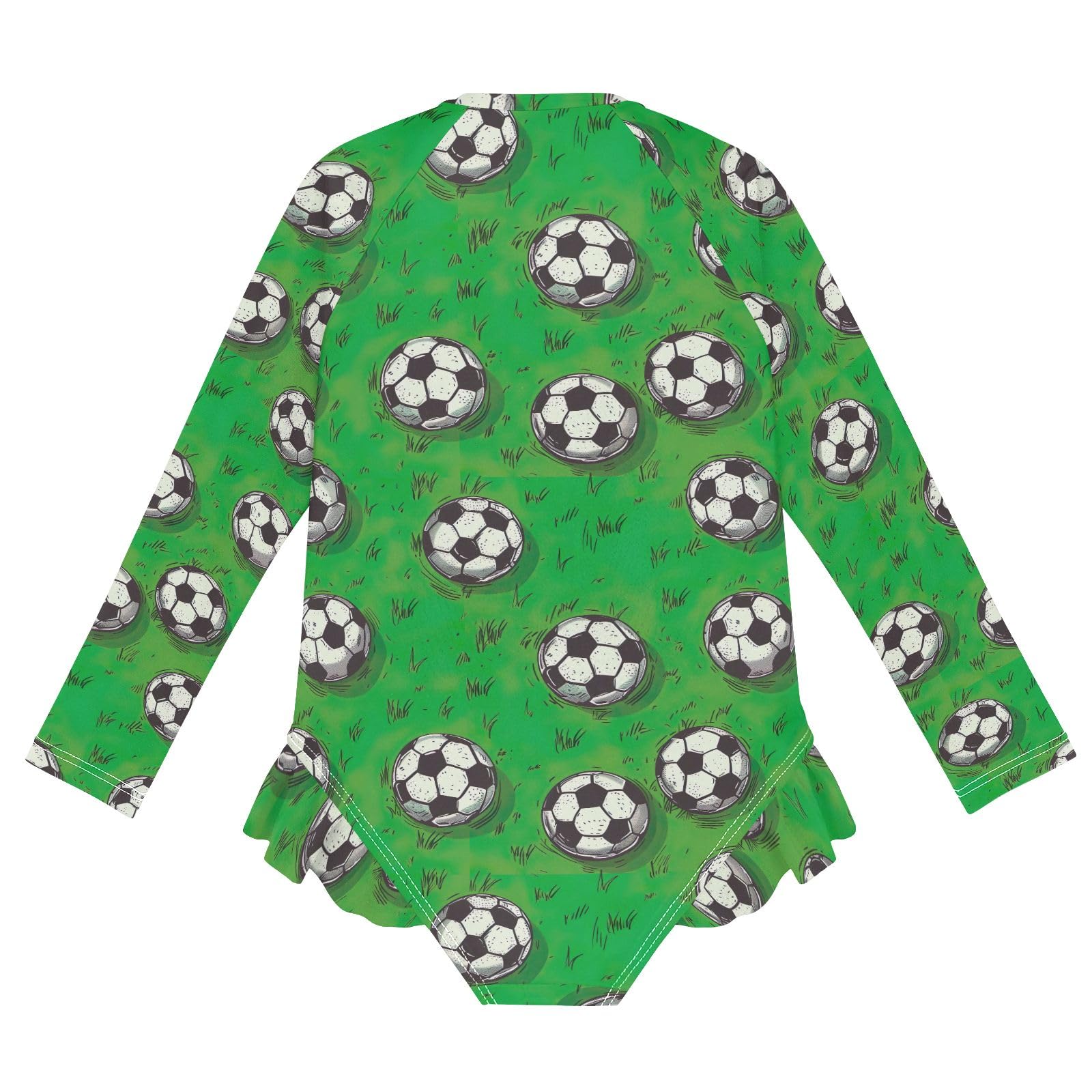Long Sleeve One Piece Girls Swimsuit Soccer Balls Green Field Rash Guard Sun Protection Bathing Suits for Kids Swimwear Beach, Size 7-8