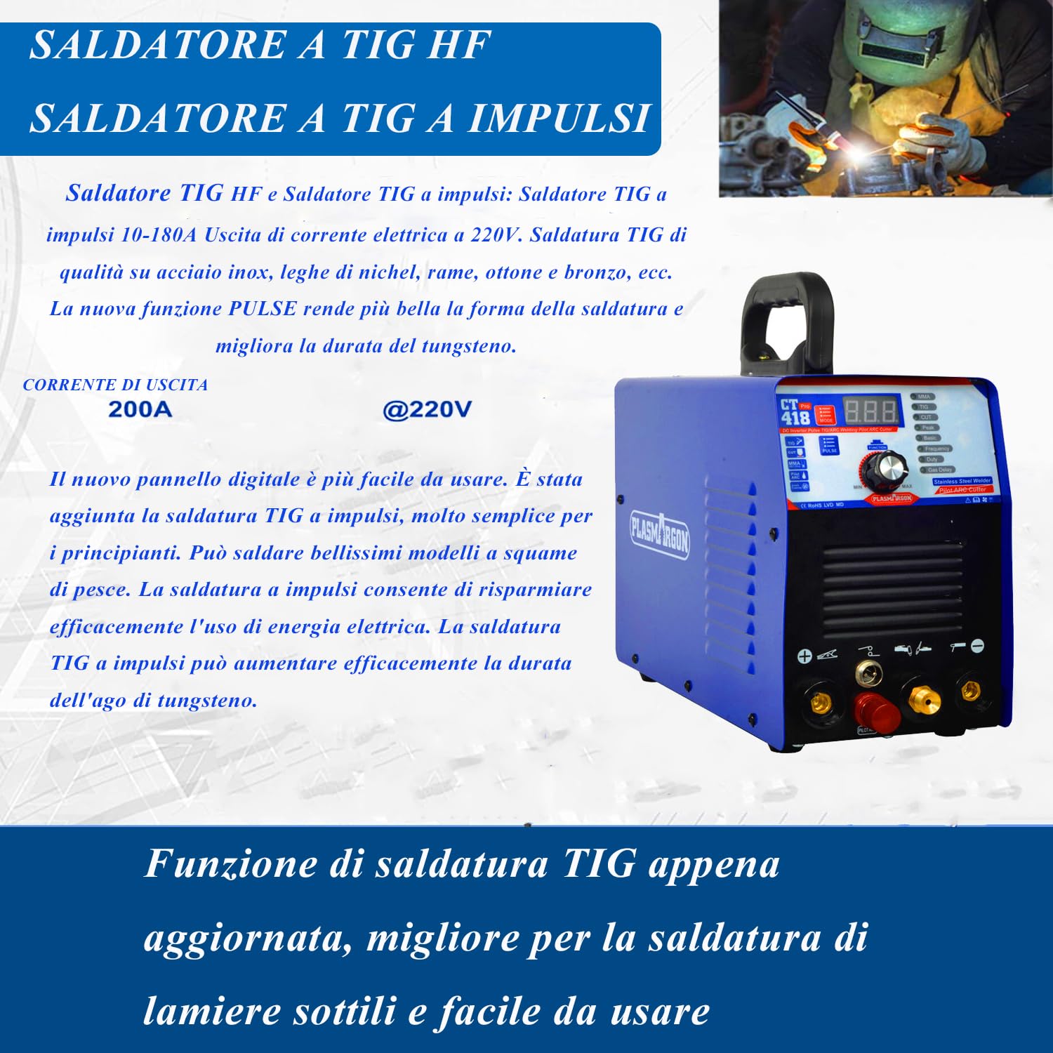 Saldatrice combinata 3 in 1 TAGLIO/TIG/MMA per taglierina al Plasma CT418P, taglierina al Plasma ad Aria da 50Amp, saldatrice 200A / saldatrice a Bastoncino