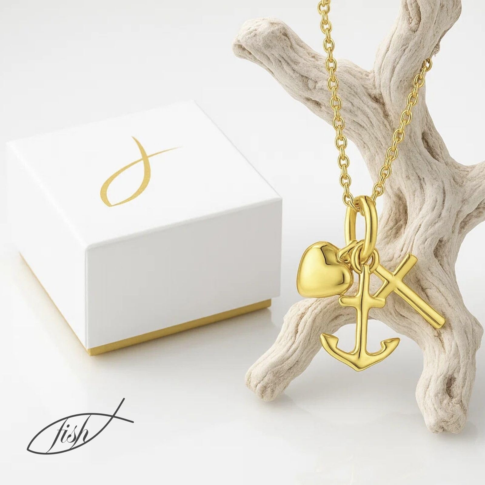 fish Collana In Oro Con Ciondolo Ancor Cuore Croce Lunghezza Regolabile Confezione Regalo