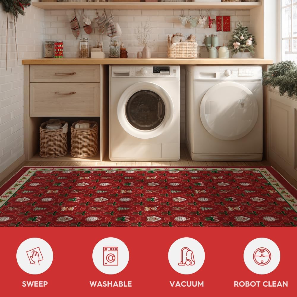 Artoid Mode Red Xmas Ball Bear Christmas Area Rug, Winter Home Decor Low-Profile Non-Slip Washable Large Rug for Living Room Bedroom Farmhouse Dining Room Kids Playroom 5x7 Feet