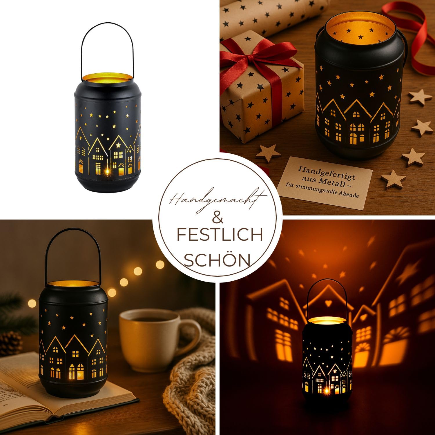 Marrakech Juego de 2 portavelas decorativas Glowtree negro y dorado, 20 cm, con diseño de casas, de metal, candelabros escandinavos, farol moderno, decoración de Adviento, decoración navideña y