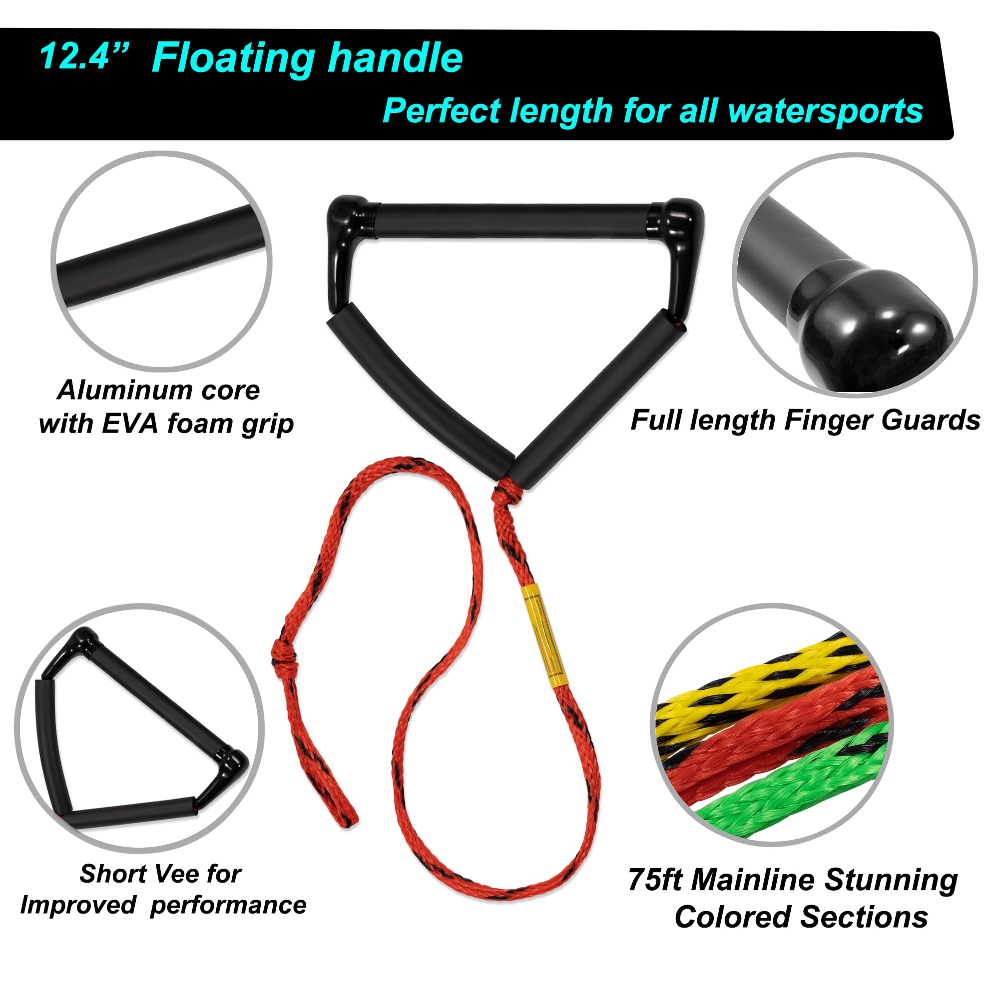 2,5 m Wasser-Seil, Wakeboard-Seil, 4 Abschnitte mit 31,5 cm ergonomischem EVA-Griff, schwimmender Griff, 1–2 Reiter-Schlauch-Abschleppseil für Schläuche – Bootsabschleppseil für Kniebrett