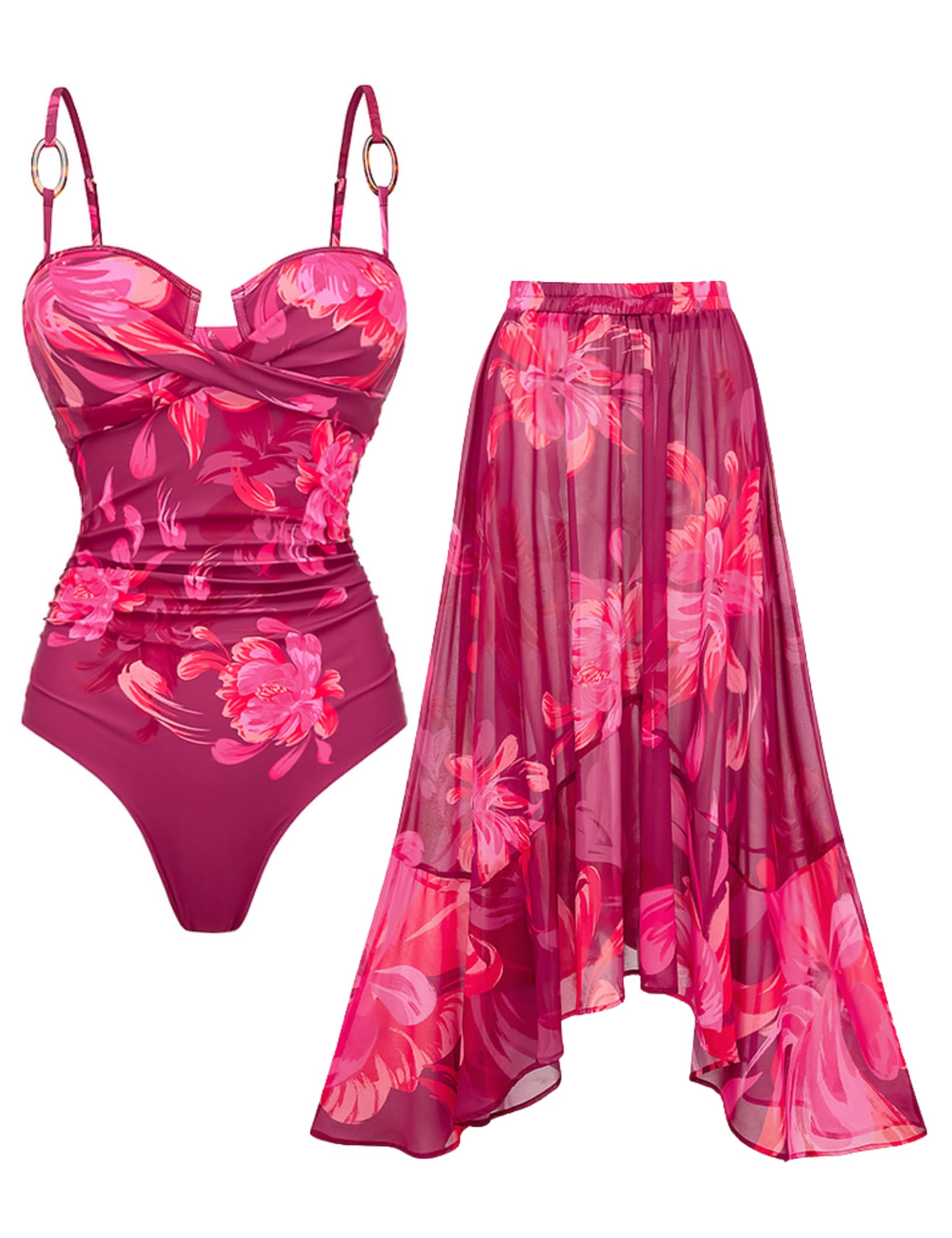 Photo 1 of **MISSING SWIMSUIT** FLAXMAKER Women's Bathing Suit One Piece Wrap Ruched Tummy Control Ladies Swimming Costume Retro Swimsuit and Skirt (US, Alpha, Small, Regular, Regular, Red Swimsuit and Skirt)