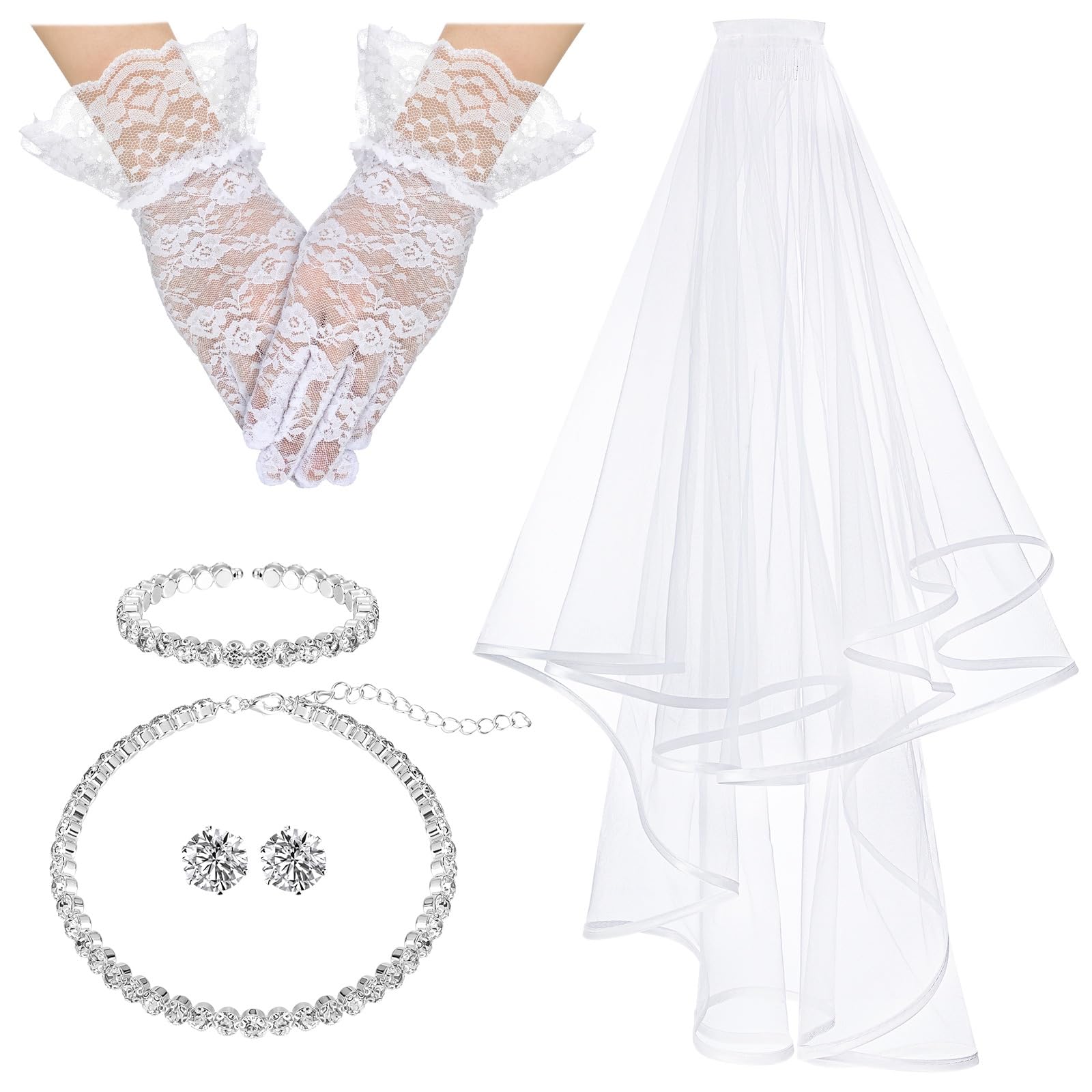 Bencailor 5pcs First Communion Costume Accessories Set Lace Gloves with Hair Comb Pearl Necklace Bracelet Earrings