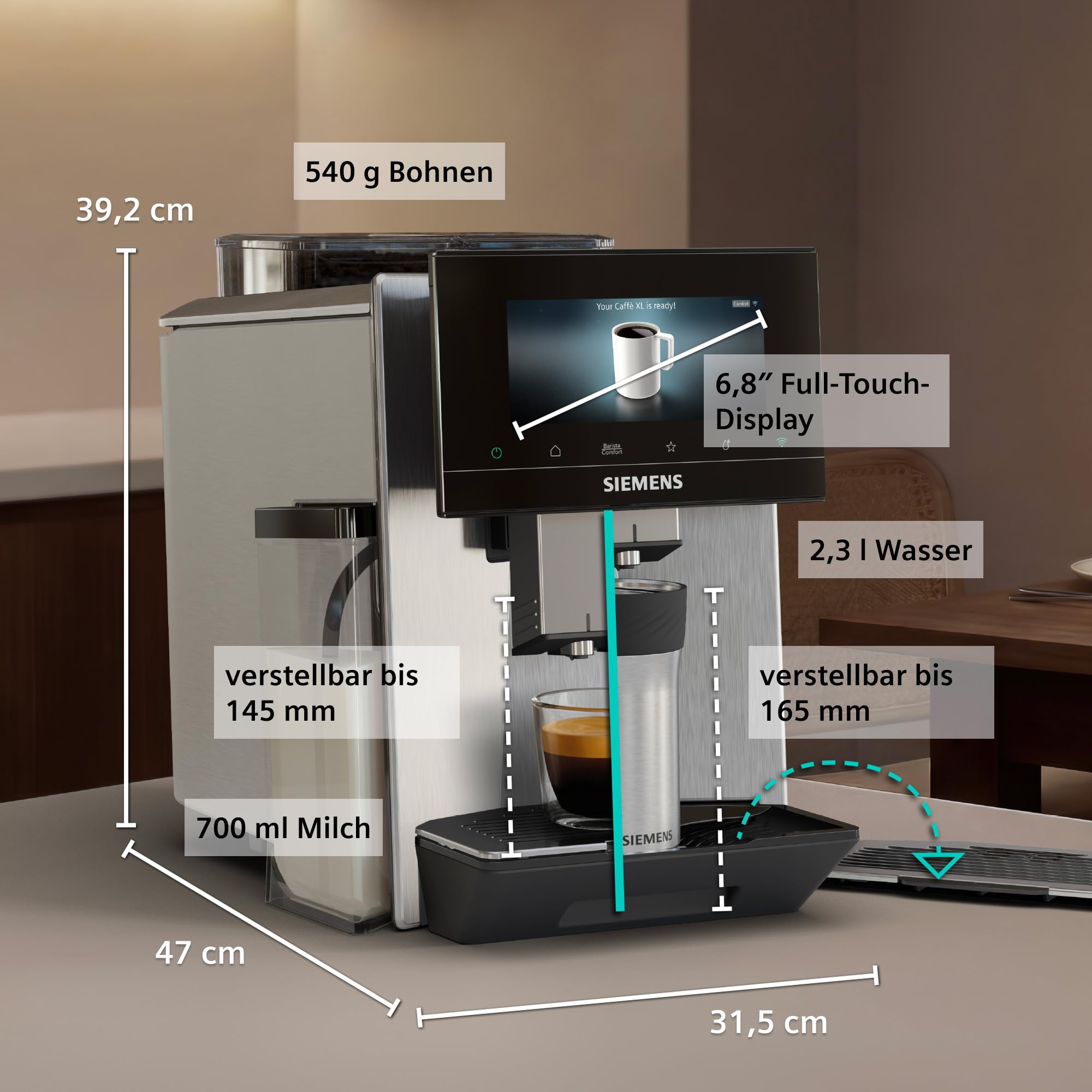 Siemens EQ900 Kaffeevollautomat iAroma, Full-Touch-Display, 2 Bohnenbehälter, Silber, TQ927E03