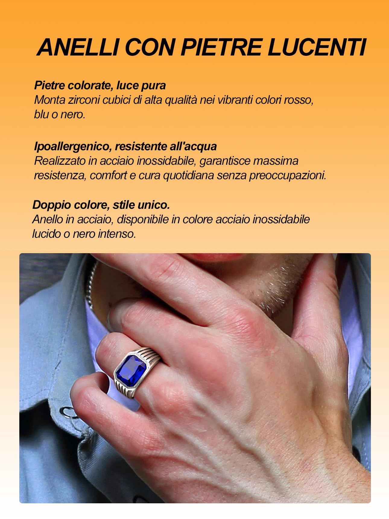 Bestyle Anello Acciaio Inossidabile Uomo, Anello Uomo Argento/Nero con Pietra Rubino/Zaffiro/Smeraldo/Onice Nero, Anello Personalizzato Ragazzo Maschio con Misura IT 14.5-32.5, Idee Regalo