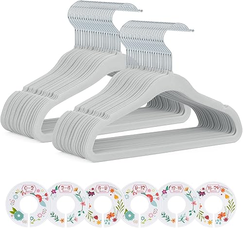 Miniatura 1 de IEOKE Perchas de terciopelo para bebé paquete de 50 perchas de ropa para niños ultra finas antideslizantes con 6 separadores de ropa para niños