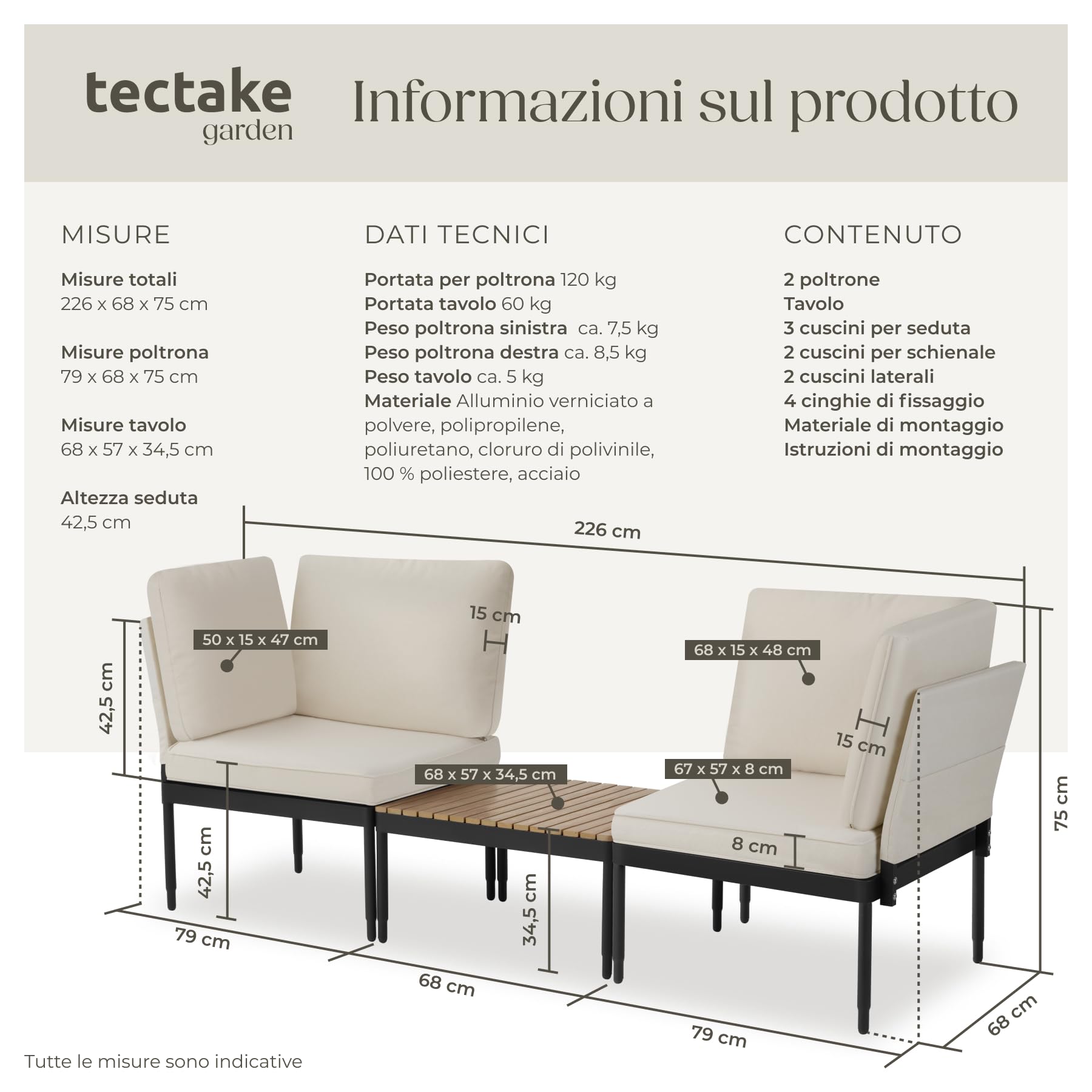 tectake® Set salotto da giardino 5in1, schienale regolabile, tavolino effetto legno, telai in alluminio, cuscini idrorepellenti, braccioli con tasca, divanetto da esterno, set salotto sedie e tavolo