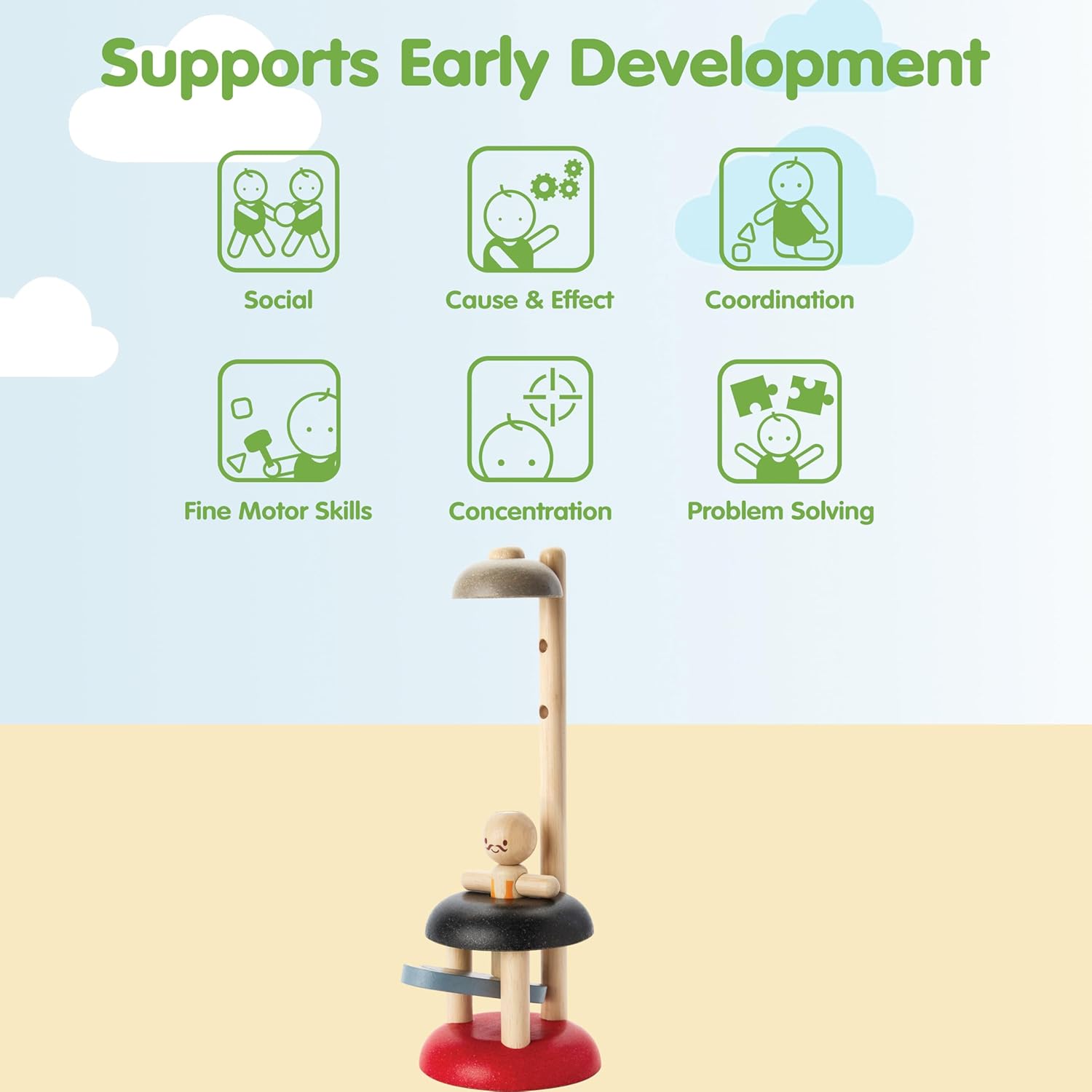 PlanToys® Wooden Jumping Acrobat Toy | Montessori Inspired Cause & Effect Toy for Force Control, Coordination & Reaction Play | Eco Friendly Push & Jump Learning Activity